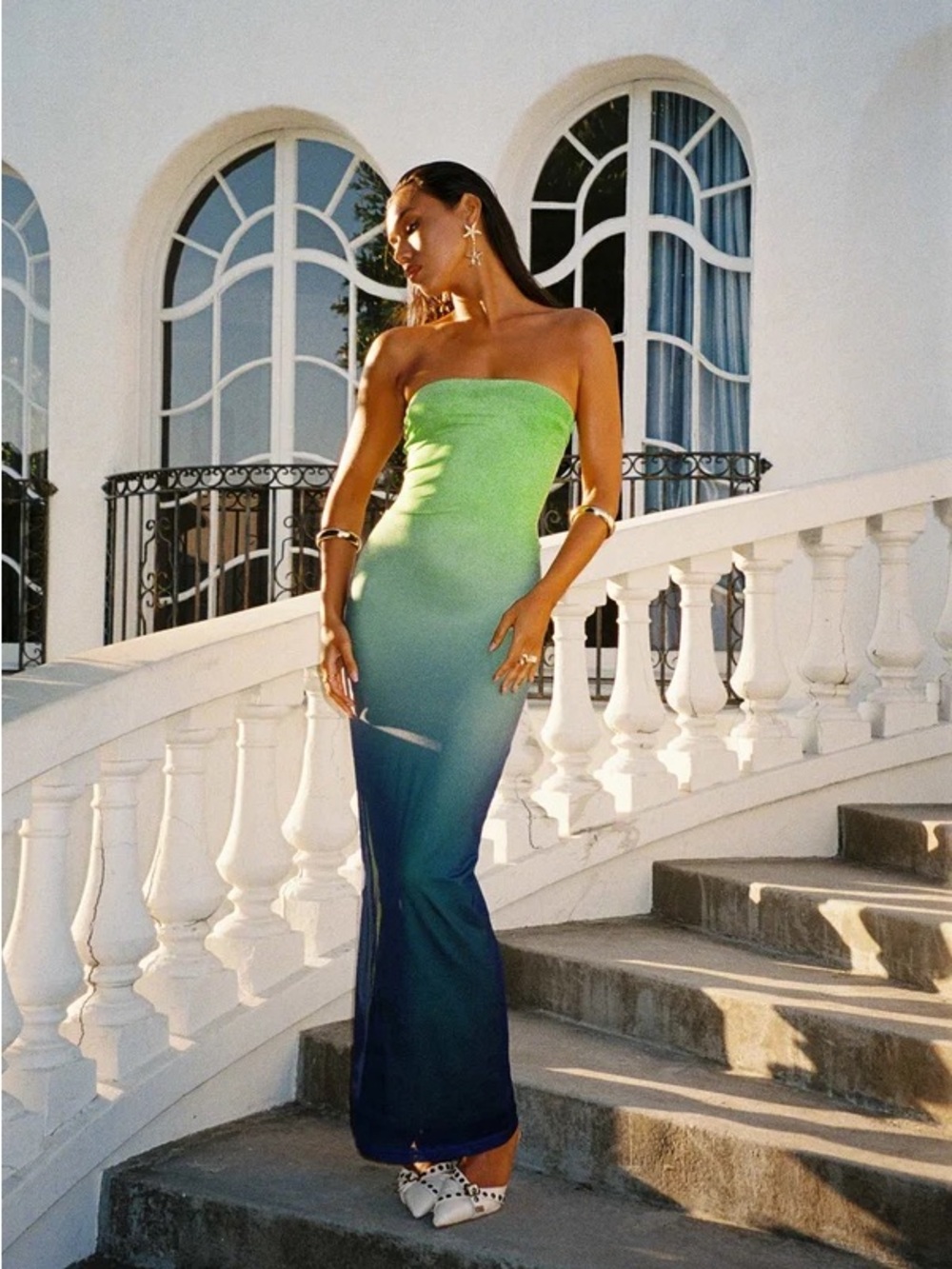 Princess Polly Strapless Ombre Green to Blue Maxi Dress size 6